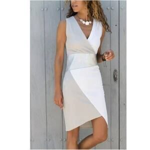 NEW AQE Fashion Womens Gray, Silver & White Color Block Surplice Dress Space